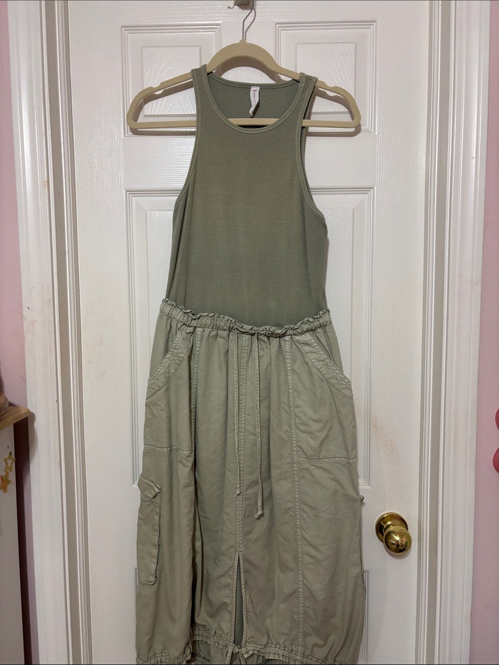 Sleeveless Ribbed-Waist Midi Dress in Olive